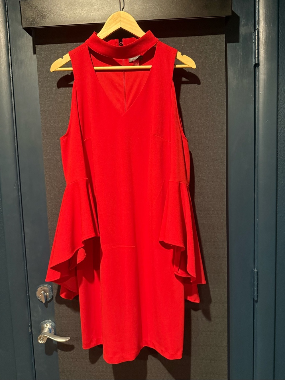 Vince Camuto Red Cold-Shoulder Ruffle Sleeve Dress with Mock Neck